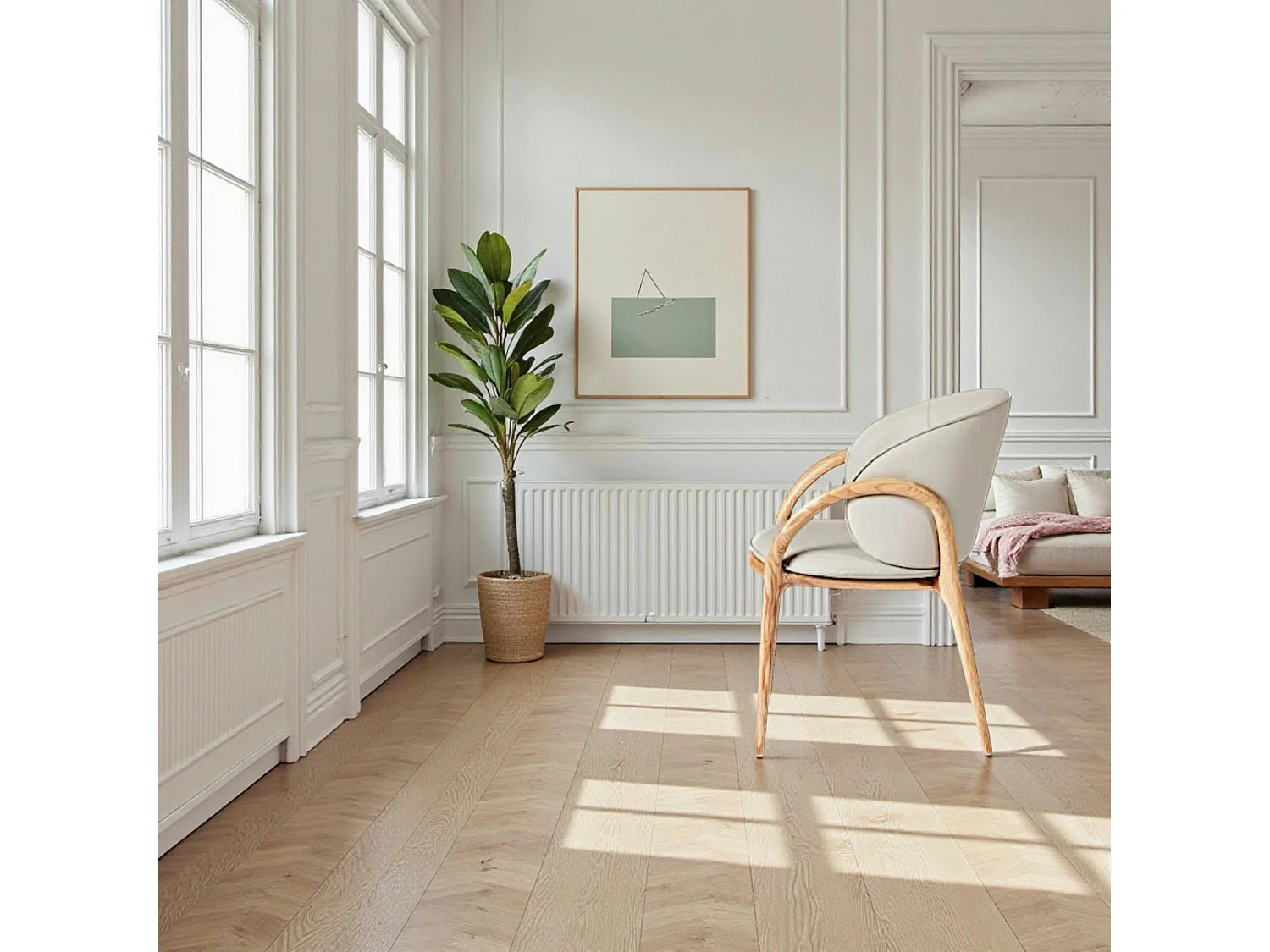 Chaise en cuir gris clair dos rond accoudoirs bois clair ALDER