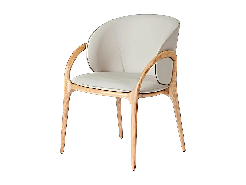 Chaise en cuir gris clair dos rond accoudoirs bois clair ALDER