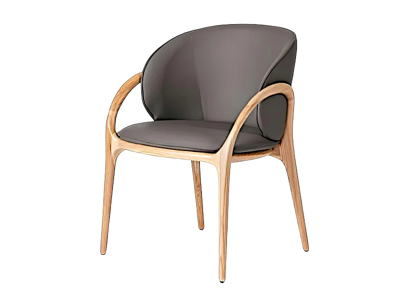 Chaise en cuir gris foncé dos rond accoudoirs bois clair ALDER