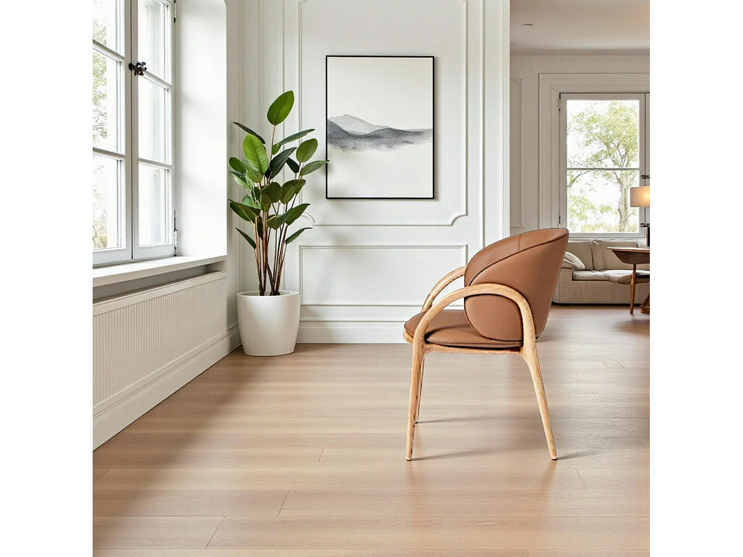 Chaise en cuir marron dos rond accoudoirs bois clair ALDER