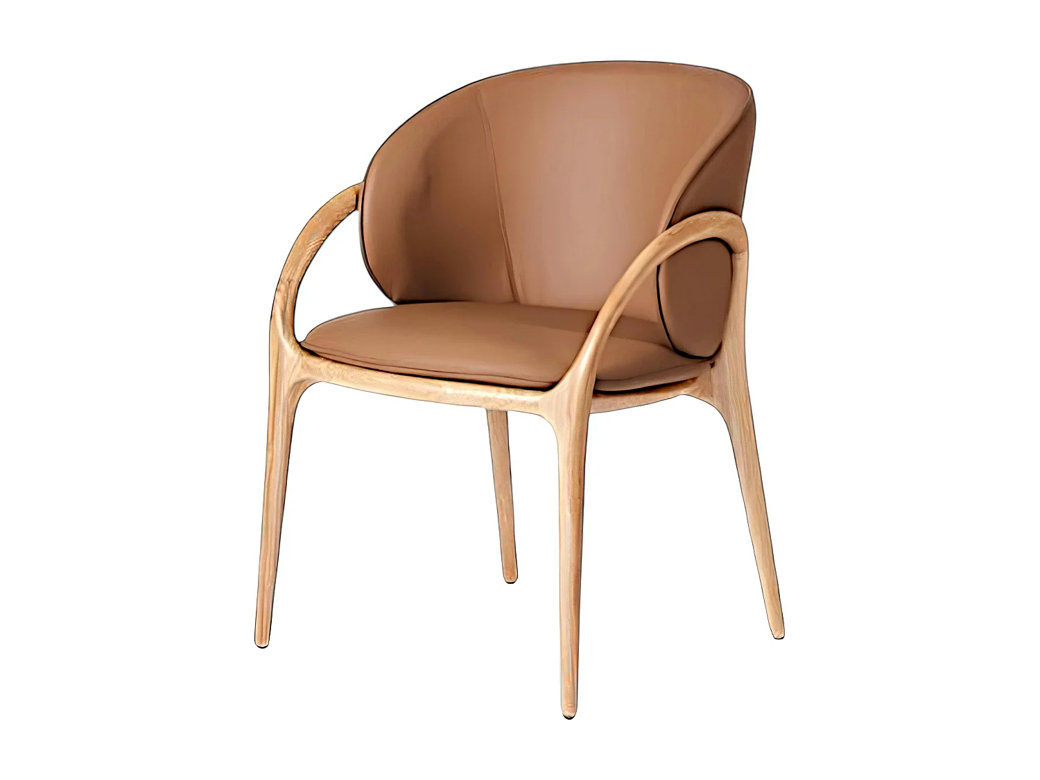 Chaise en cuir marron dos rond accoudoirs bois clair ALDER