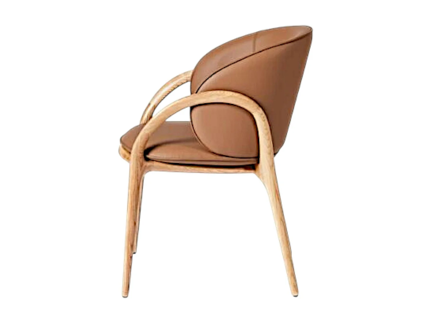 Chaise en cuir marron dos rond accoudoirs bois clair ALDER