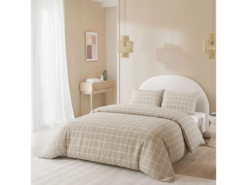 Parure de lit 240x220 flanelle à carreaux beige Terre de Nuit