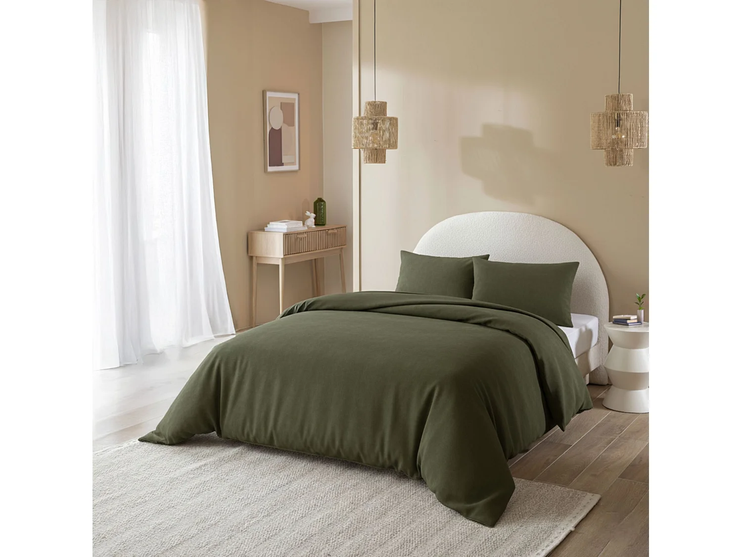 Parure de lit 200x200 flanelle kaki Terre de Nuit