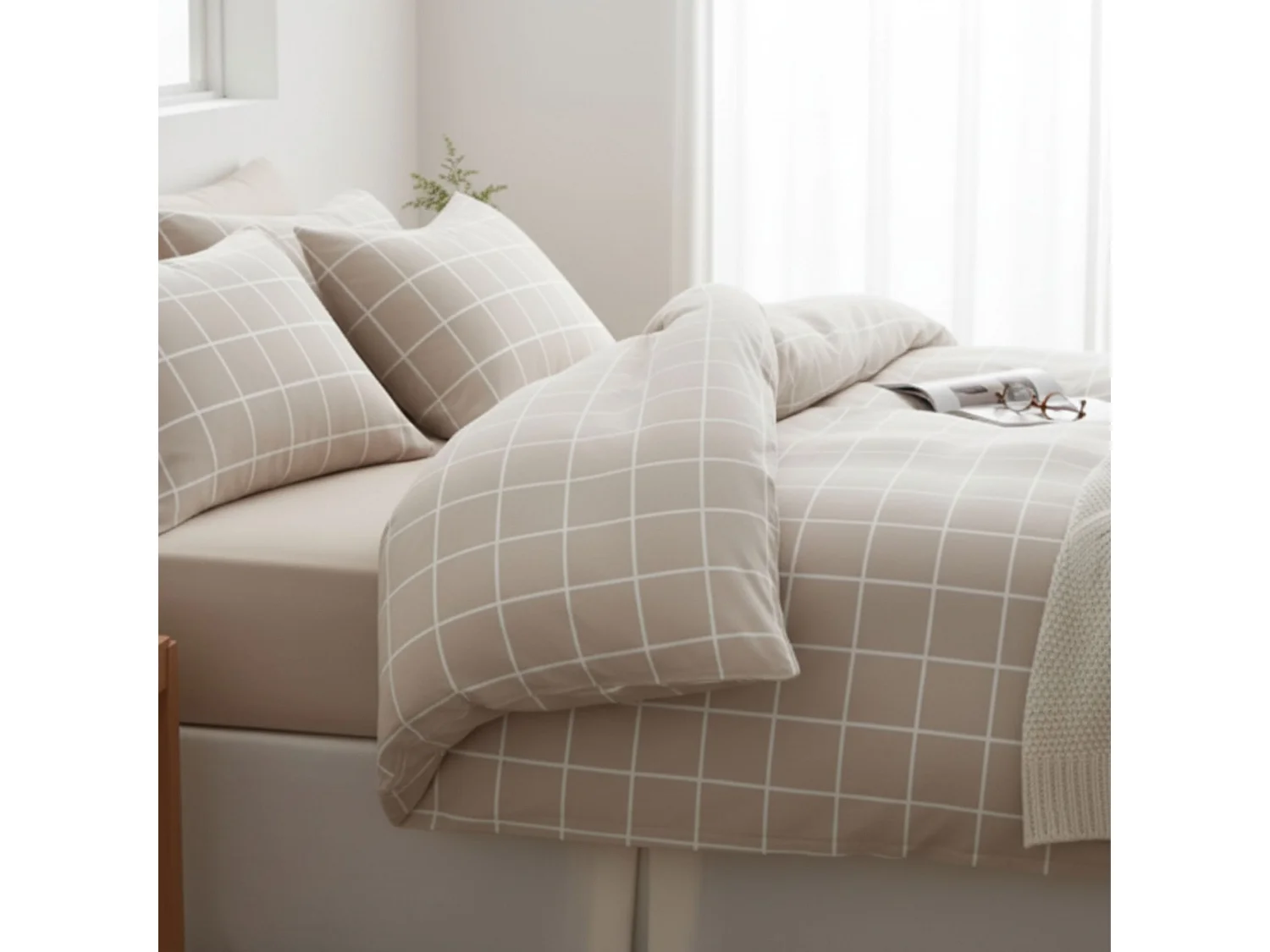 Parure de lit 260x240 flanelle à carreaux beige Terre de Nuit