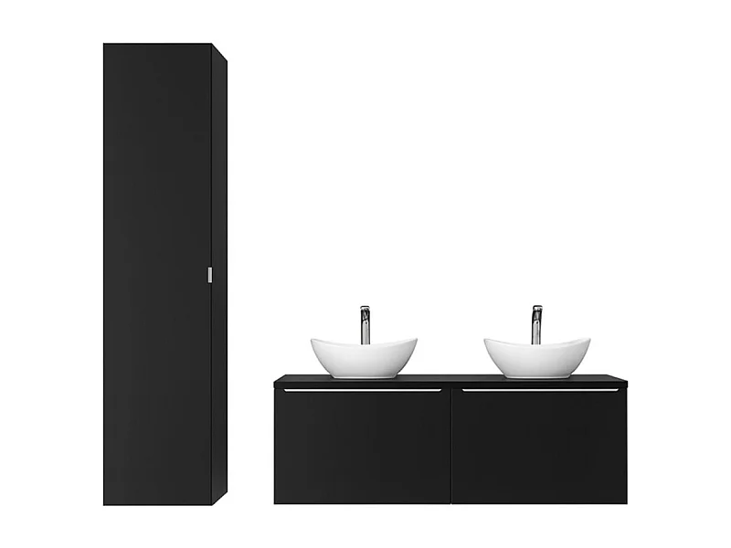 Conjunto VANTA: muebles bajo lavabo 120cm + encimera para lavabo + 2 lavabos sobre encimera + 1 columna de almacenamiento + 1 espejo + 2 LED