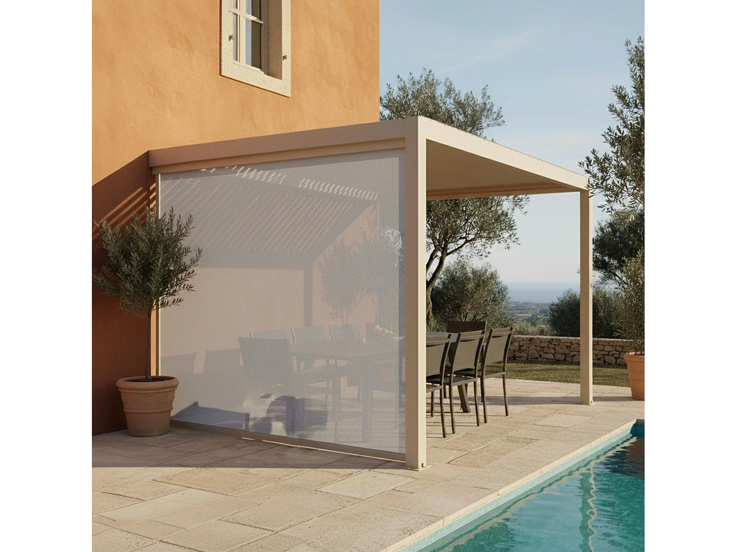 3x4m aangebouwde bioklimatische pergola 1 crèmekleurige houten luifel