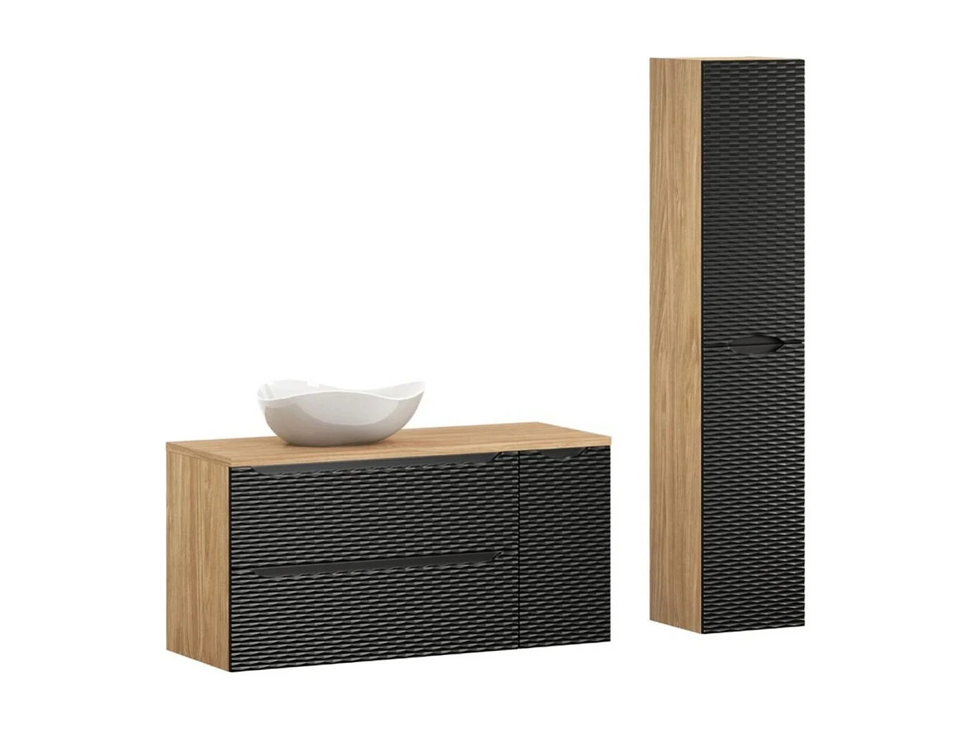 Ensemble de salle de bain YOKA noir : meubles sous vasque + plan vasque + vasque à poser + colonne de rangement