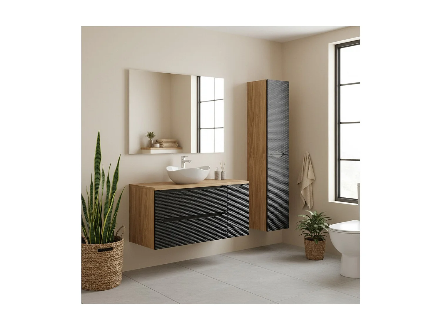 Ensemble de salle de bain YOKA noir : meubles sous vasque + plan vasque + vasque à poser + colonne de rangement