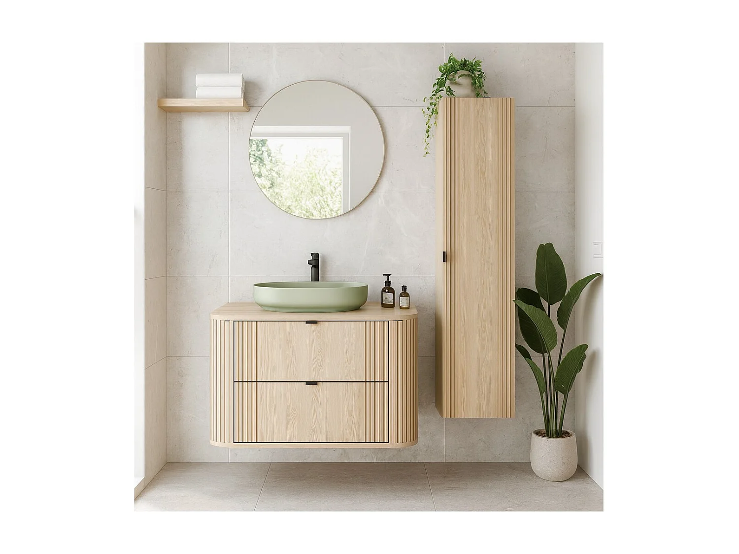 Ensemble de salle de bain KORI : meuble sous vasque 80cm + plan pour vasque + vasque à poser + colonne de rangement
