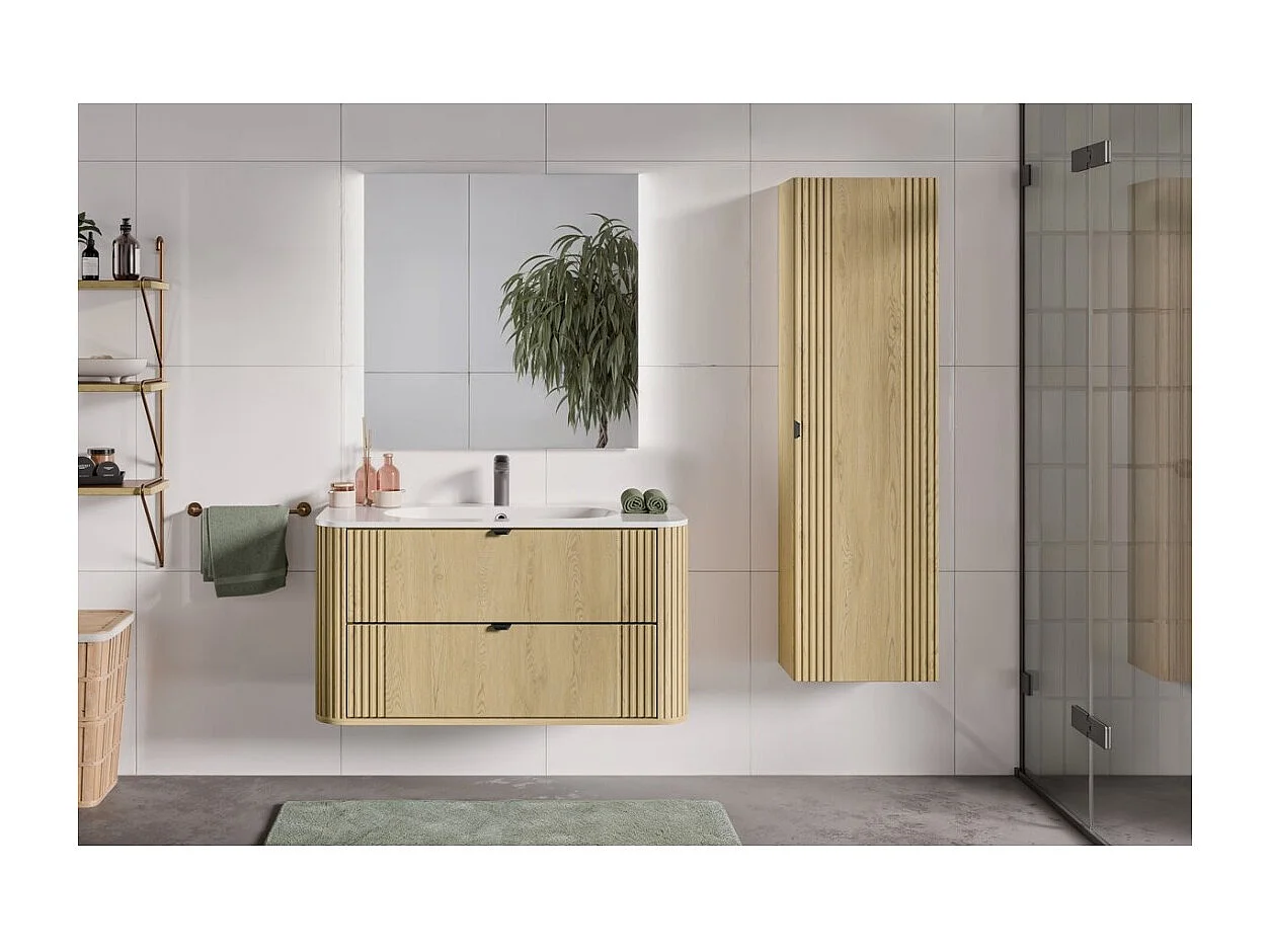 Ensemble de salle de bain KORI : meuble sous vasque 100cm + vasque à encastrer + colonne de rangement