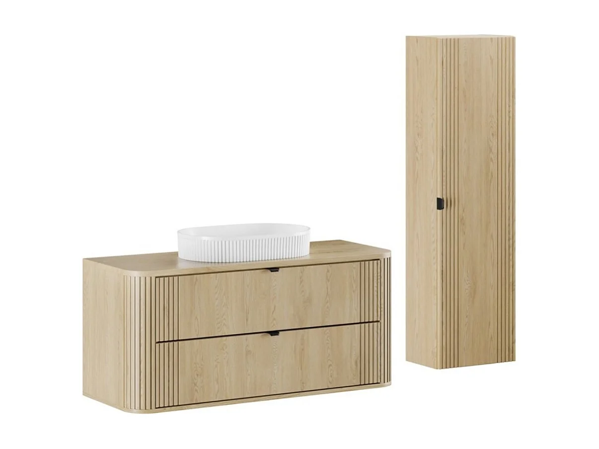 Ensemble de salle de bain KORI : meuble sous vasque 120cm + plan pour vasque + vasque à poser + colonne de rangement