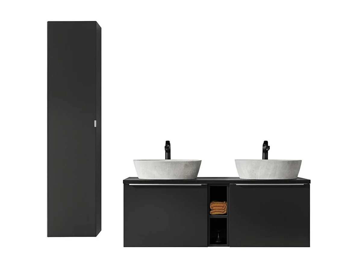 Conjunto VANTA: muebles bajo lavabo 140cm + encimera para lavabo + 2 lavabos sobre encimera + 1 columna de almacenamiento + 2 espejos + 2 LED