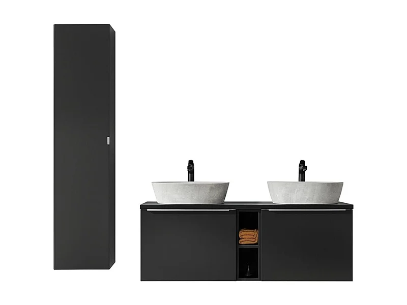 Conjunto VANTA: muebles bajo lavabo 140cm + encimera para lavabo + 2 lavabos sobre encimera + 1 columna de almacenamiento + 2 espejos + 2 LED
