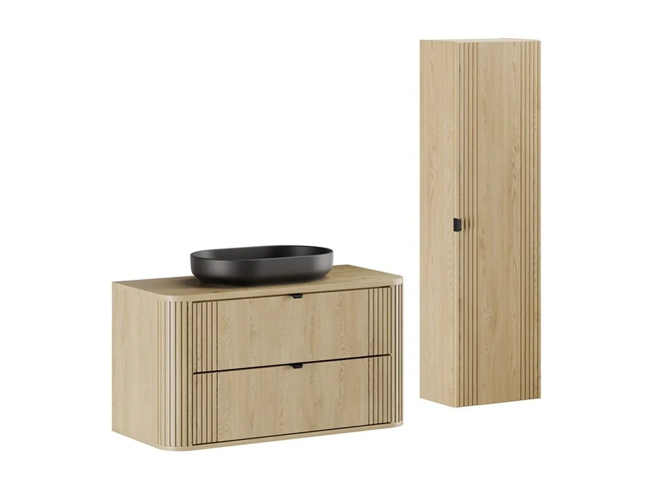 Ensemble de salle de bain KORI : meuble sous vasque 100cm + plan pour vasque + vasque à poser + colonne de rangement