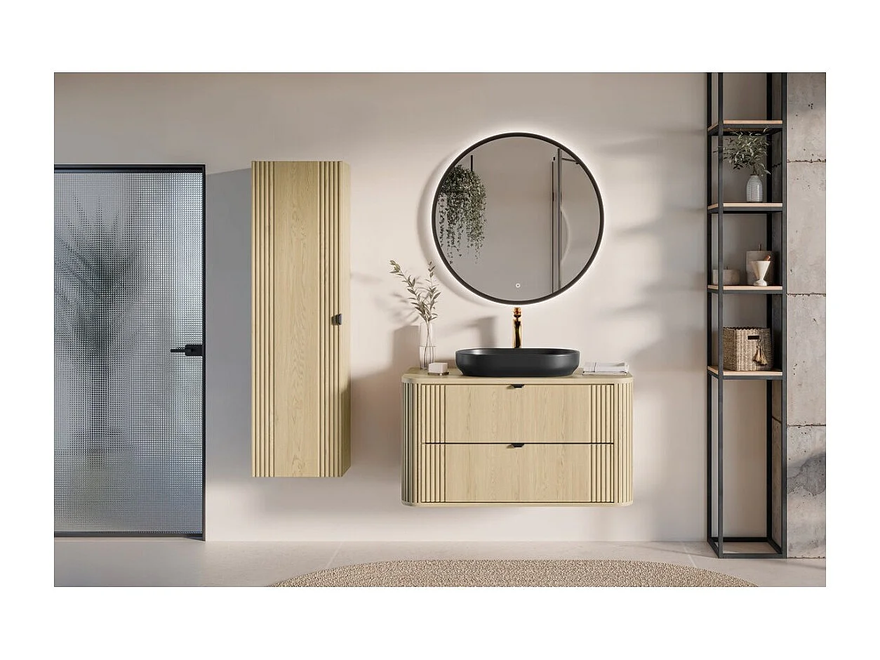 Ensemble de salle de bain KORI : meuble sous vasque 100cm + plan pour vasque + vasque à poser + colonne de rangement