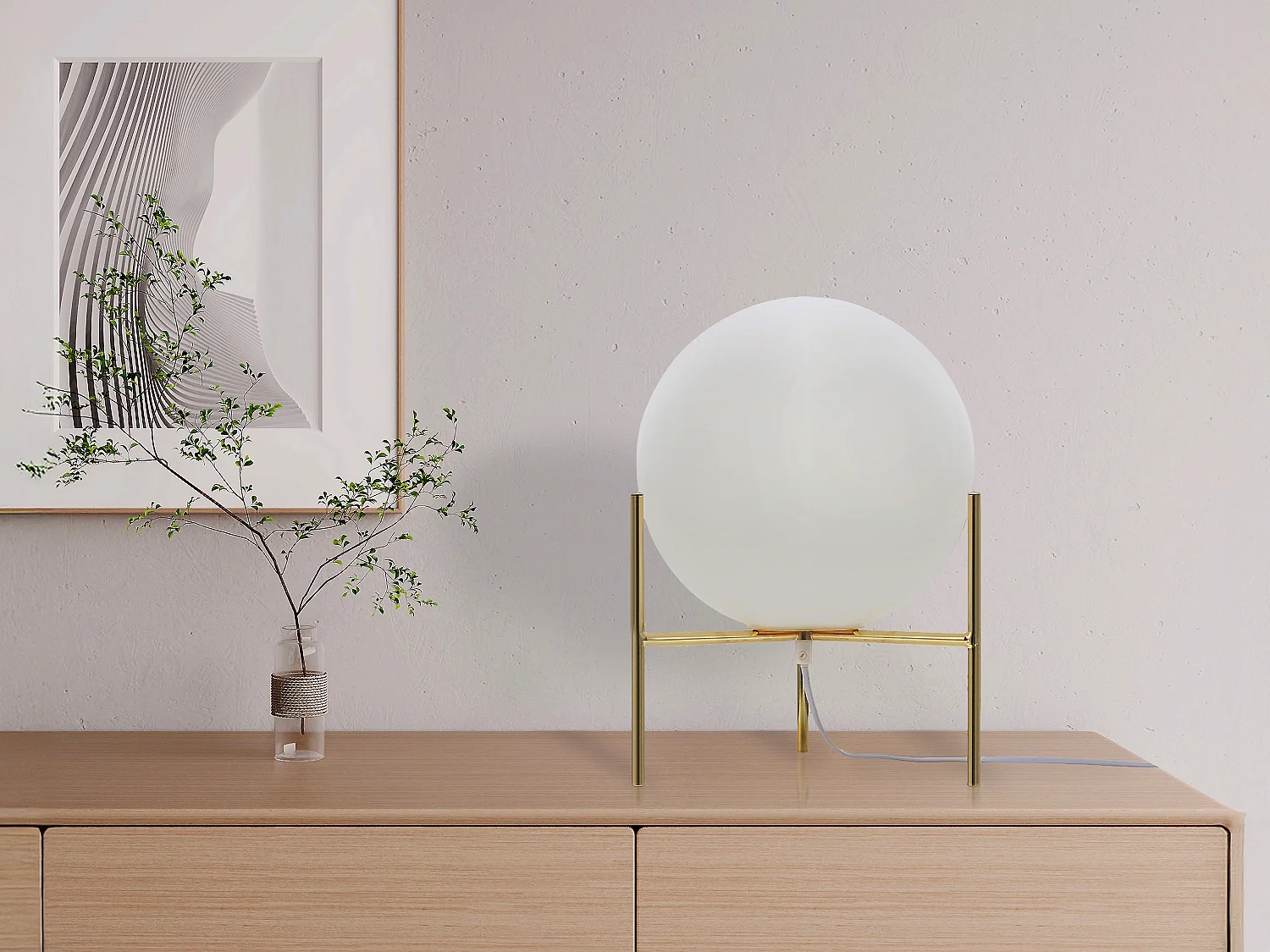 Lampe à poser globe sur pied - D. 25 x H. 35 cm - Doré et blanc -BARLOW