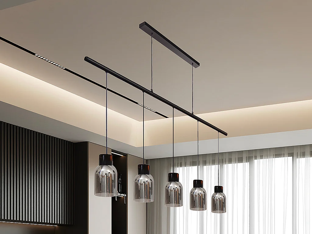 Suspension en métal et verre 5 abat-jours - L. 100 x H. 110 cm - Noir et gris fumé - SUNAWA