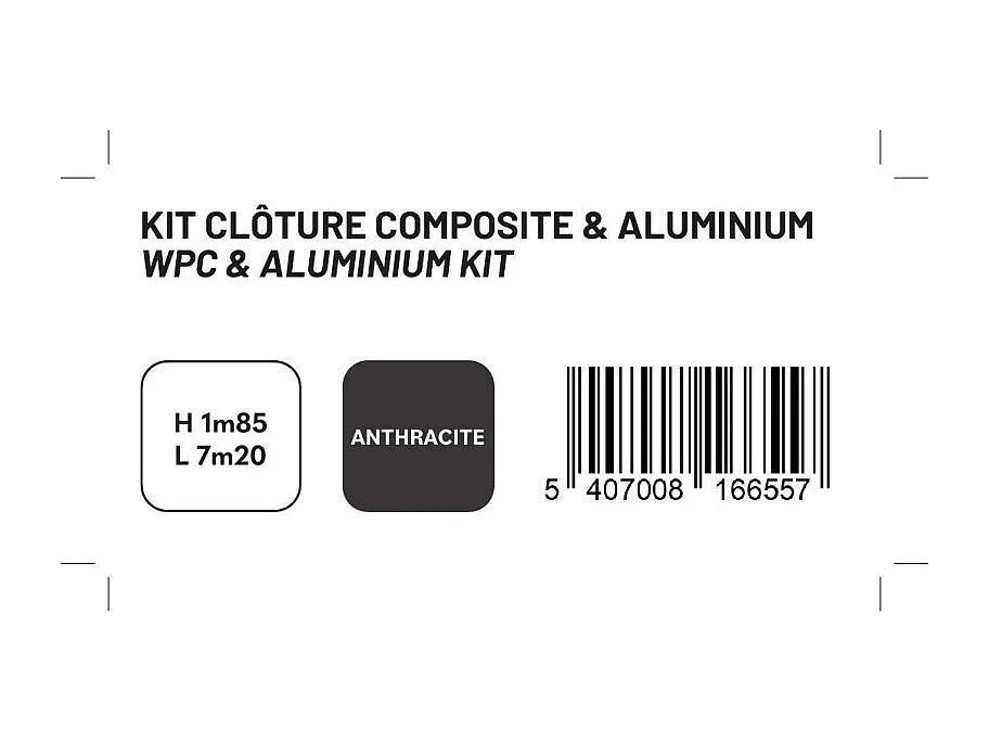 Kit clôture composite et aluminium à sceller H 1m80 L 7m20 gris anthracite avec renforts acier - Palissade - Brise vue