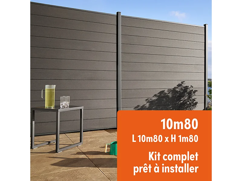 Kit clôture composite et aluminium à sceller H 1m80 L 10m80 gris anthracite avec renforts acier - Palissade - Brise vue
