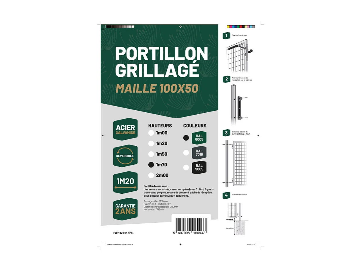 Portillon grillagé en acier galvanisé maille 100 x 50 L 1m20 x 1m75 Vert