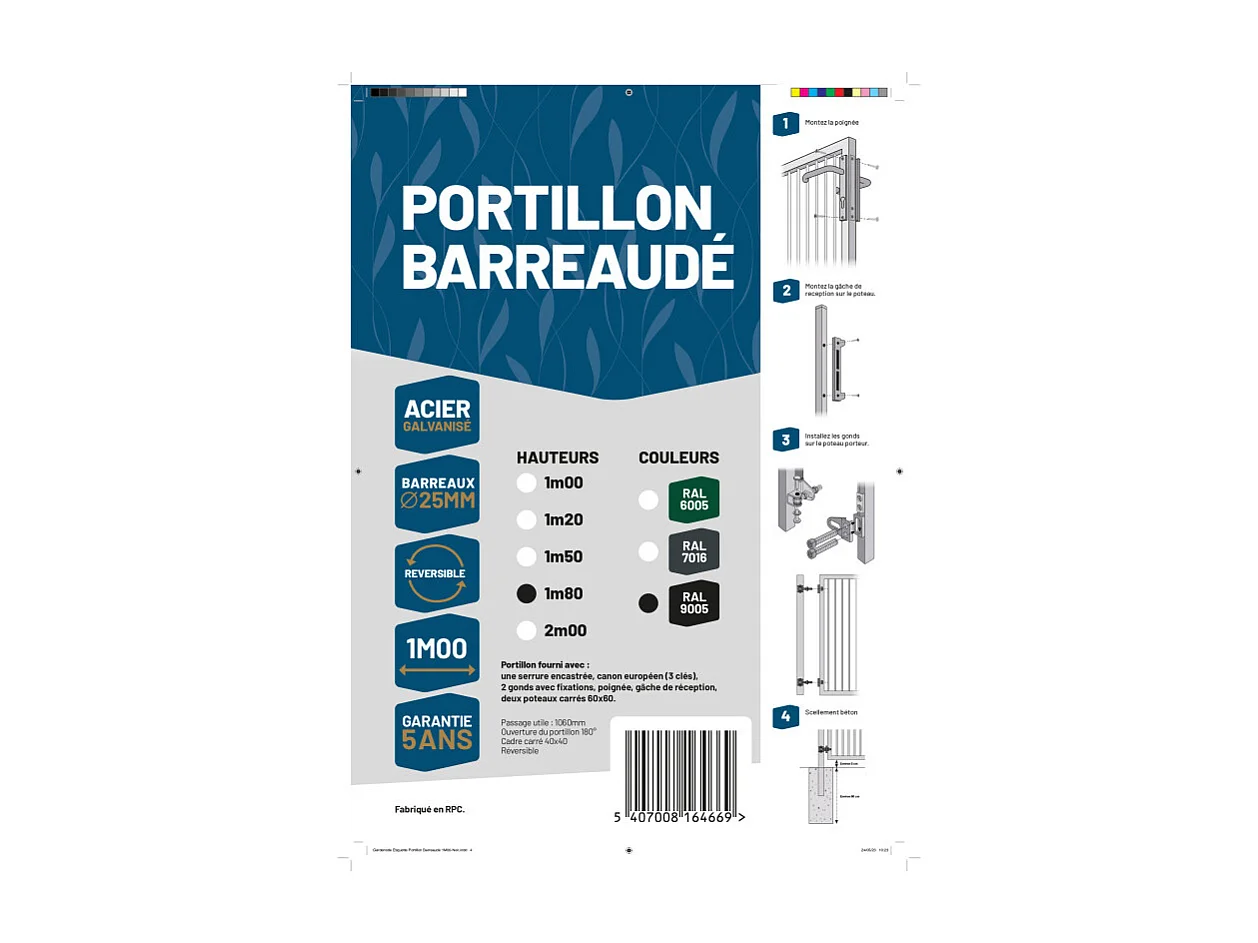 Portillon barreaudé acier galvanisé passage 1m H 1m80 Noir