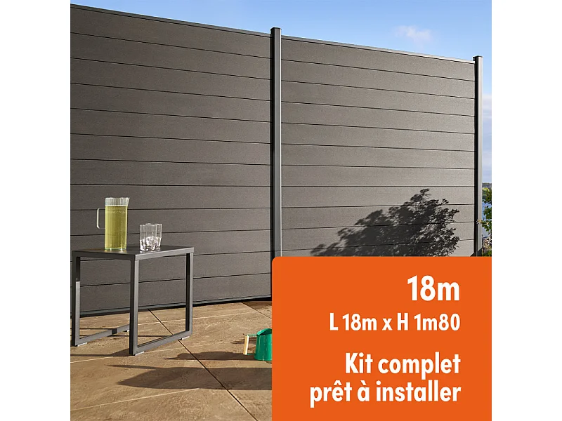 Kit clôture composite et aluminium à sceller H 1m80 L 18m gris anthracite avec renforts acier - Palissade - Brise vue