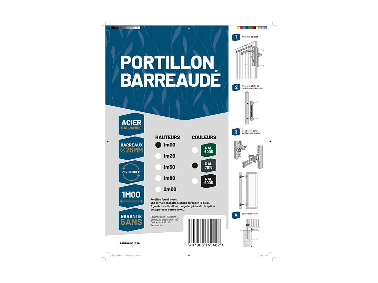 Portillon barreaudé acier galvanisé passage 1m H 1m00 Gris anthracite
