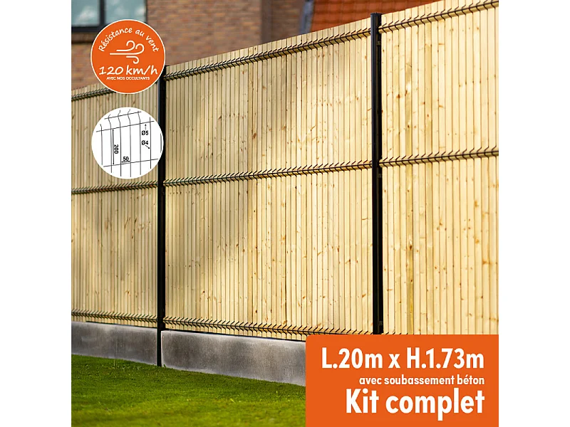 Kit complet grillage rigide occultant lamelles bois avec soubassement longueur 20m - Hauteur 1m80 - Gris anthracite