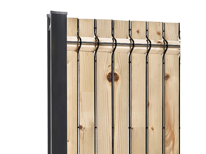 Kit complet grillage rigide occultant lamelles bois avec soubassement longueur 20m - Hauteur 1m80 - Gris anthracite