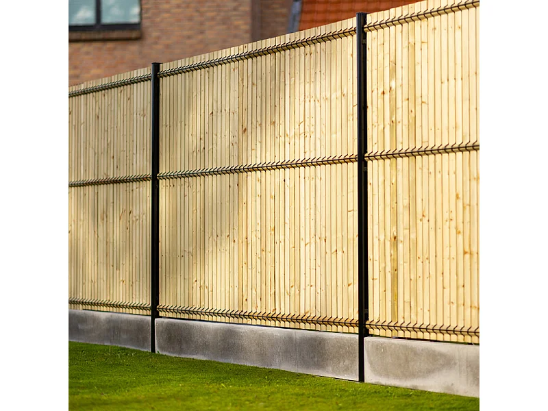 Kit complet grillage rigide occultant lamelles bois avec soubassement longueur 20m - Hauteur 1m80 - Gris anthracite