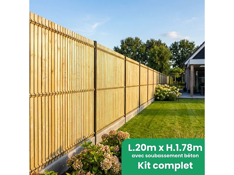 Kit complet grillage rigide occultant lamelles bois avec soubassement longueur 20m - Hauteur 1m80 - Gris anthracite