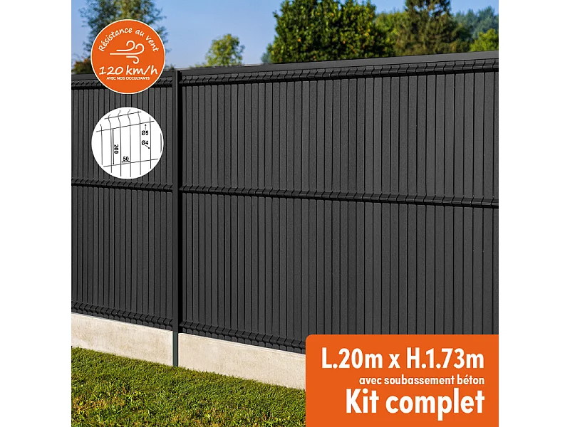 Kit complet grillage rigide occultant lattes composite avec soubassement longueur 20m - Hauteur 1m80 - Gris anthracite