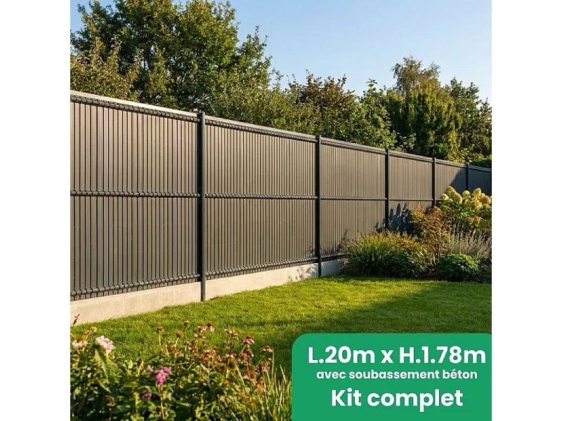 Kit complet grillage rigide occultant lattes composite avec soubassement longueur 20m - Hauteur 1m80 - Gris anthracite
