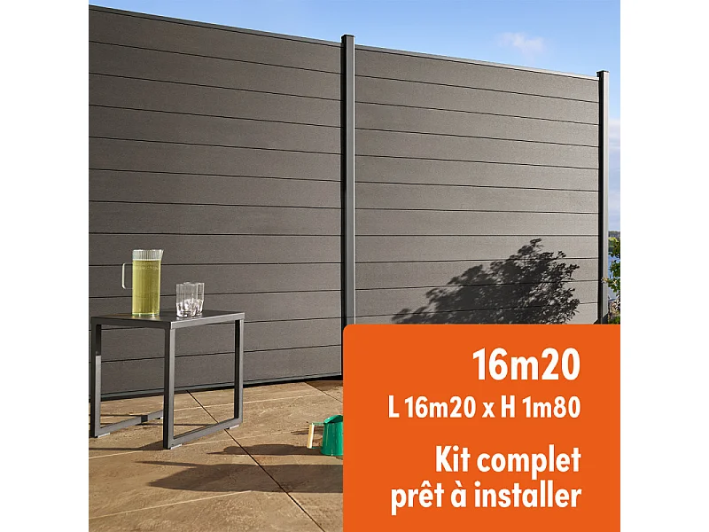 Kit clôture composite et aluminium à sceller H 1m80 L 16m20 gris anthracite avec renforts acier - Palissade - Brise vue