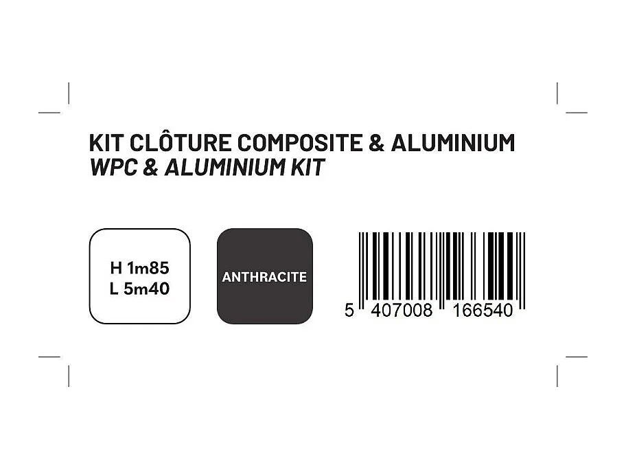 Kit clôture composite et aluminium à sceller H 1m80 L 5m40 gris anthracite avec renforts acier - Palissade - Brise vue