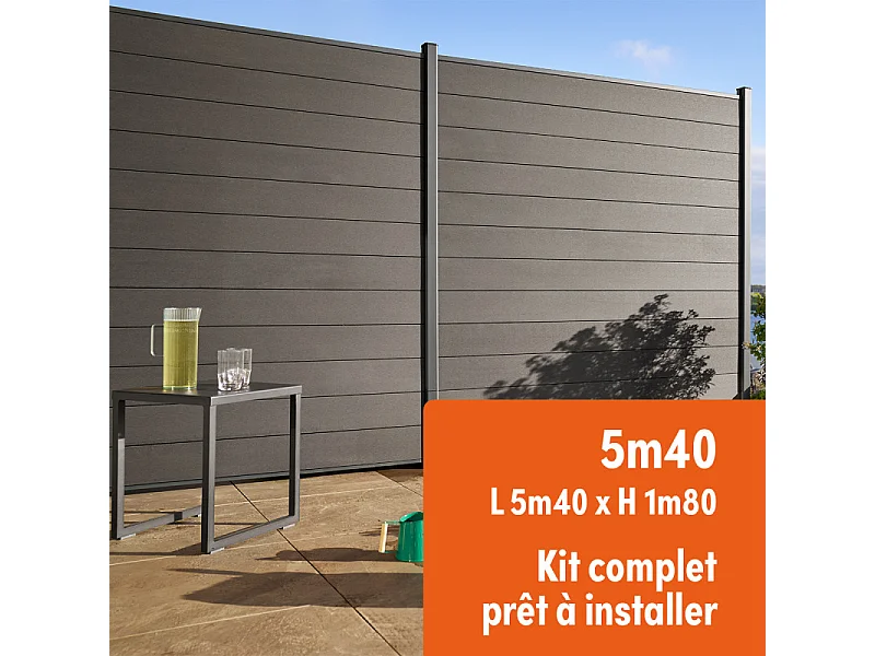 Kit complet clôture composite et aluminium à sceller H 1m80 L 5m40 gris anthracite avec renforts acier - Palissade - Brise vue