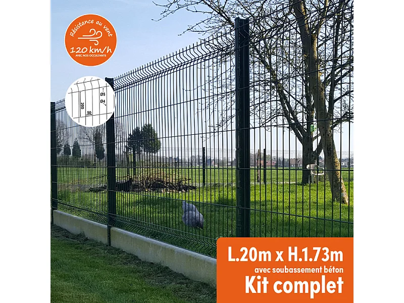 Kit complet grillage rigide avec soubassement longueur 20m - Hauteur 1m80 - Gris anthracite