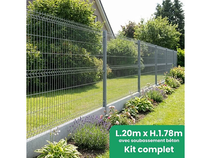Kit complet grillage rigide avec soubassement longueur 20m - Hauteur 1m80 - Gris anthracite