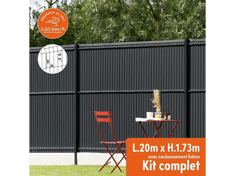 Kit complet grillage rigide occultant lamelles PVC avec soubassement longueur 20m - Hauteur 1m80 - Gris anthracite