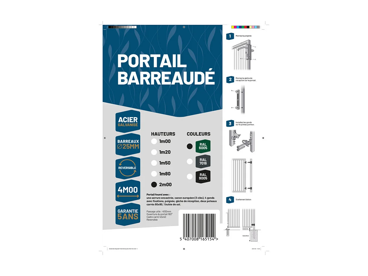 Portail barreaudé acier galvanisé passage 4m00 H 2m00 Vert