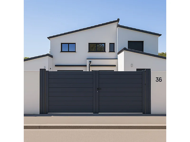 Aluminium volle poort, B 3m75 x H 1m90, RAL7016, acc incl