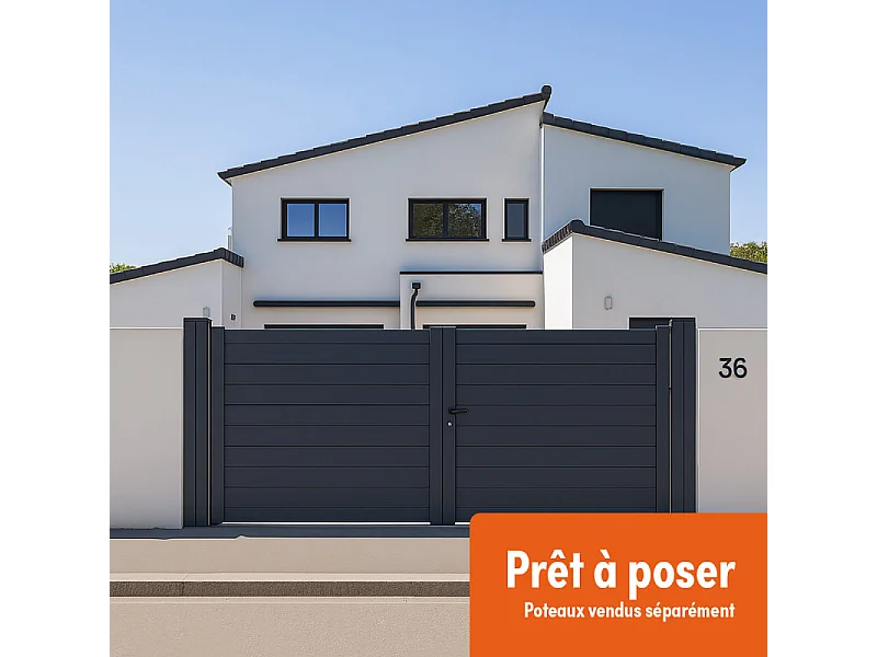Portail battant Aluminium Plein - Largeur 3m75 - Hauteur 1m90 – Gris anthracite - Prêt à poser