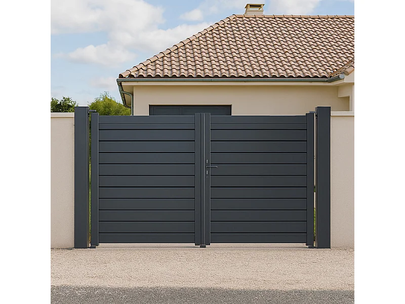 Aluminium poort met afgeschuinde plank, B 3m50 x H 1m75, RAL7016, acc