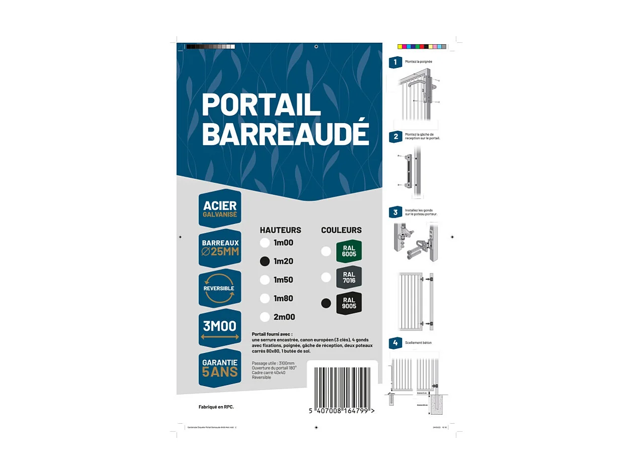 Portail barreaudé acier galvanisé passage 3m00 H 1m20 Noir