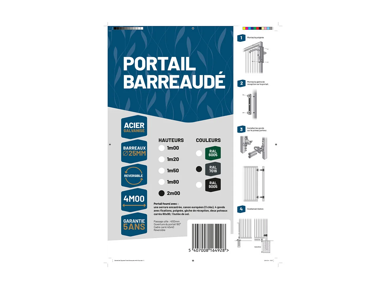 Portail barreaudé acier galvanisé passage 4m00 H 2m00 Gris anthracite