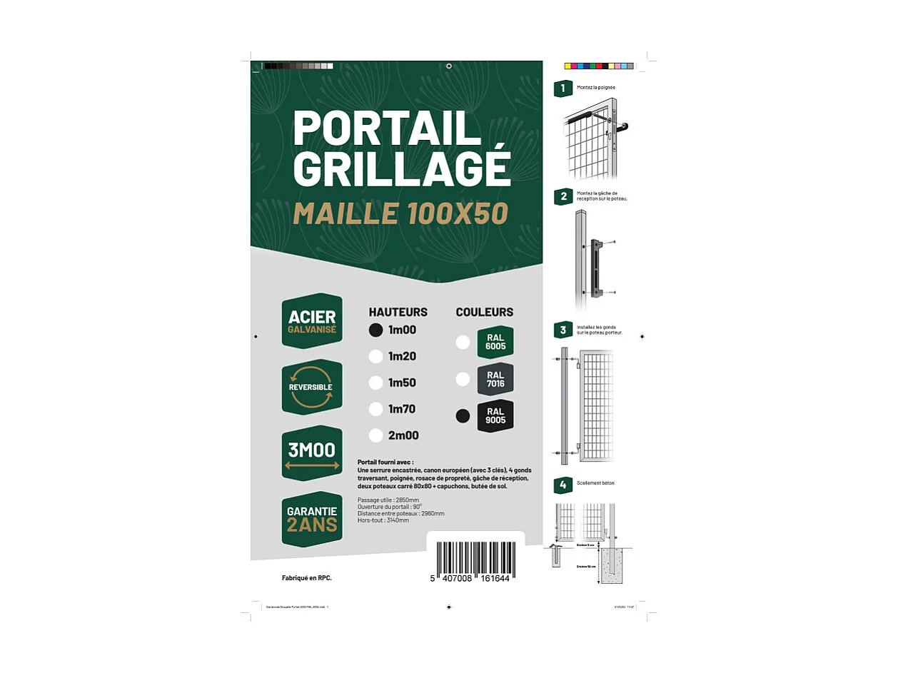 Portail grillagé acier galvanisé L 3m Noir H 1m00