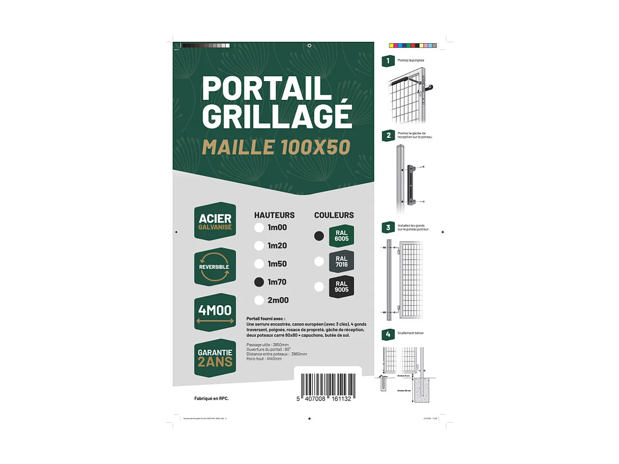 Portail grillagé Square passage 4m ht 1m70 vert