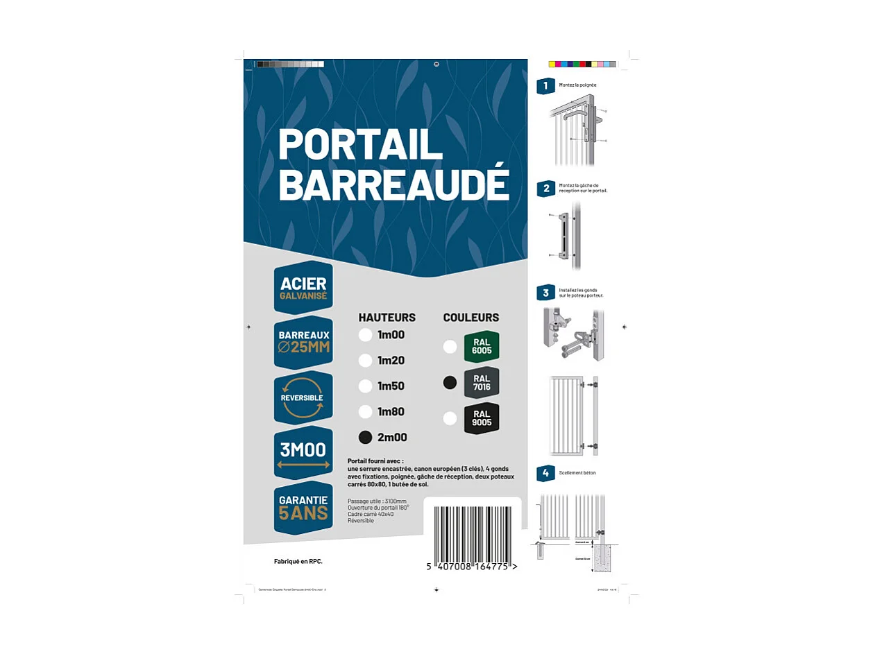 Portail barreaudé acier galvanisé passage 3m00 H 2m00 Gris anthracite