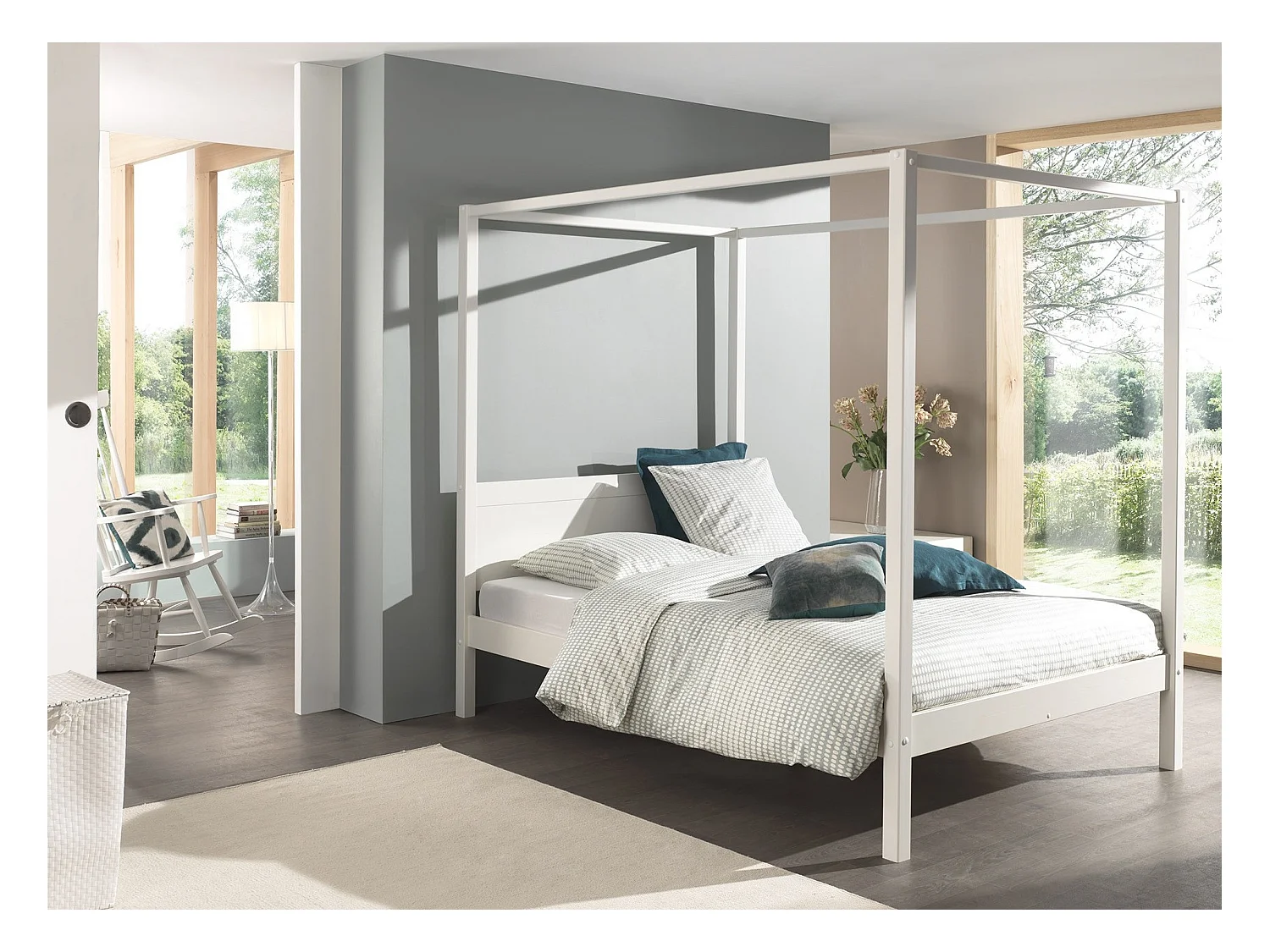 Lit à Baldaquin Bois Massif "Pino" 140x200cm Blanc